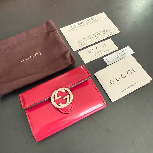 EUC Gucci Red Patent Key Case Chain Wallet Silver Dust bag cards Logo Pink - Picture 4 of 13